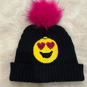 Love Emoji Stocking Cap with Big Pink Pom